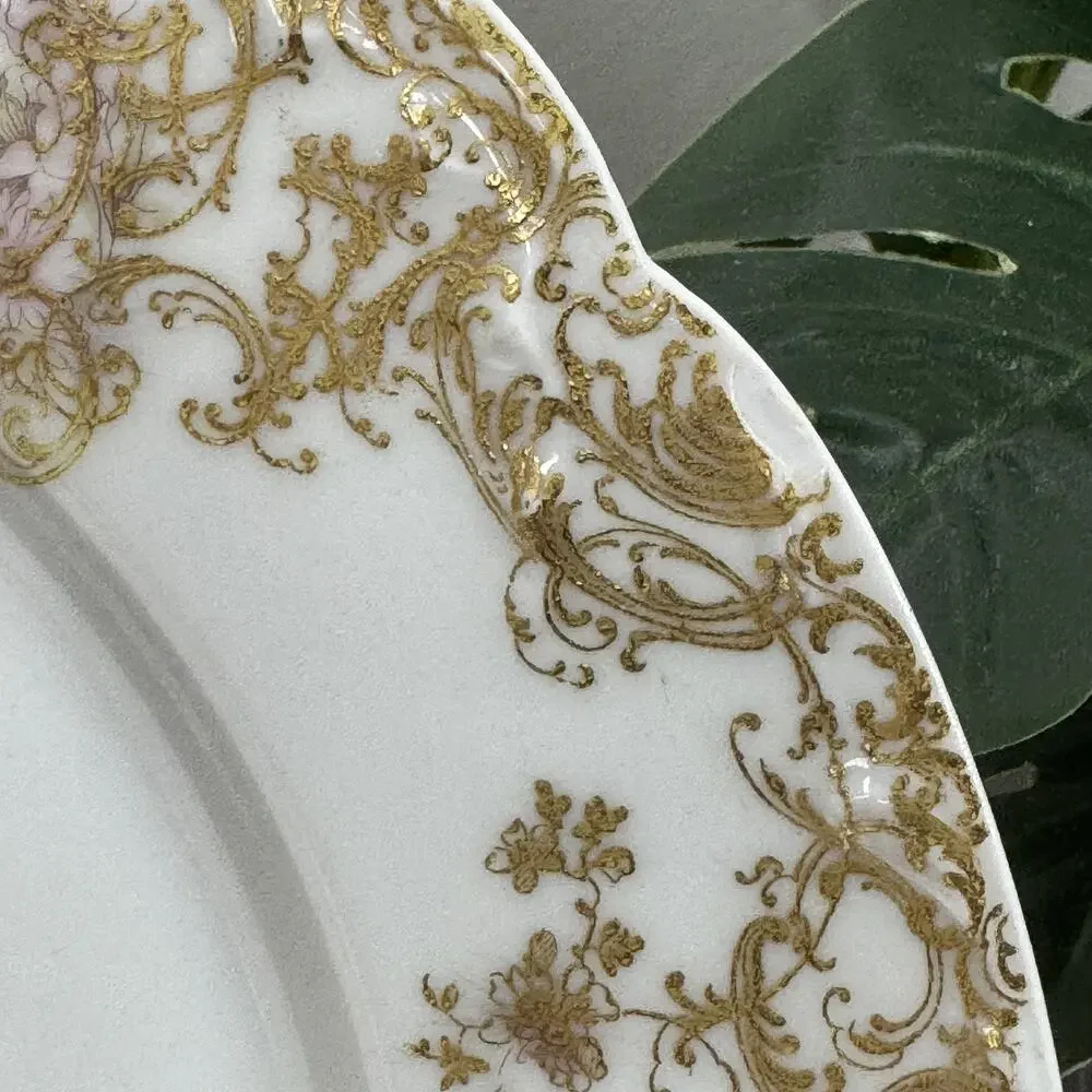 Antique Haviland Limoges H&Co France Pink Floral Gold Scalloped Dinner Plate